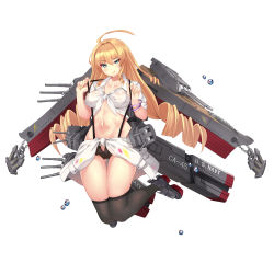 Rule 34 | 1girl, ahoge, anchor, bad id, bad pixiv id, black thighhighs, blonde hair, blue eyes, breasts, cannon, chain, clothes around waist, collarbone, commentary request, drill hair, highres, jacket, jacket around waist, large breasts, long hair, machinery, midriff, navel, rudder footwear, shirt, simple background, solo, suspenders, takibi (tamikyo), thighhighs, tied shirt, turret, warship girls r, white background, white jacket, white shirt, wichita (warship girls r)