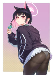 Rule 34 | 1girl, absurdres, animal ears, ass, black choker, black hair, black jacket, blue archive, blush, brown pantyhose, choker, colored inner hair, eating, food, from behind, hair ornament, hairclip, halo, highres, holding, holding food, hood, hooded jacket, jacket, jdw, kazusa (blue archive), long sleeves, looking at viewer, miniskirt, multicolored hair, panties, panties under pantyhose, pantyhose, pink background, pink eyes, pink hair, pleated skirt, red eyes, short hair, skirt, smile, solo, two-tone hair, underwear