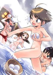 Rule 34 | 4girls, bad id, bad pixiv id, censored, convenient censoring, flat chest, holding, holding snowball, multiple girls, nakamura tetsuya, nude, onsen, playing, snow, snowball, snowball fight, towel, water, wet