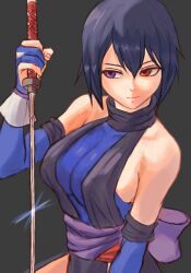 Rule 34 | 1girl, absurdres, black hair, blue eyes, breasts, fingerless gloves, gloves, half-closed eyes, heterochromia, highres, japanese clothes, large breasts, red eyes, samurai spirits, seductive gaze, seductive smile, shiki (samurai spirits), short hair, sideboob, smile, snk, solo, weapon