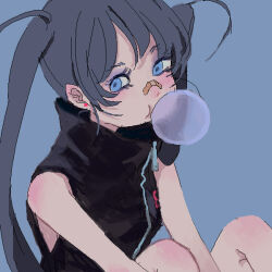 Rule 34 | 1girl, bandaid, bandaid on face, bandaid on nose, bare arms, bare legs, black hair, black shirt, blowing bubbles, blue background, blue eyes, blue eyeshadow, blush, commentary, earrings, eyeshadow, jaggy lines, jewelry, knees up, long hair, looking at viewer, makeup, oekaki, original, shirt, sitting, sleeveless, sleeveless shirt, sokoko, solo, stud earrings, twintails, zipper, zipper pull tab