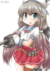 Rule 34 | 1girl, adapted turret, bad id, bad twitter id, blue sailor collar, cannon, gloves, green eyes, grey hair, hat, hip vent, kantai collection, long hair, low twintails, machinery, mikura (kancolle), one-hour drawing challenge, ouno (nounai disintegration), pleated skirt, puffy short sleeves, puffy sleeves, red skirt, sailor collar, sailor hat, sailor shirt, shirt, short sleeves, simple background, skirt, solo, turret, twintails, twitter username, undershirt, white background, white gloves, white hat, white shirt