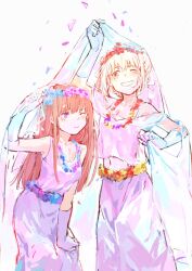 Rule 34 | 2girls, blanket, blonde hair, blush, brown hair, chinese commentary, closed mouth, commentary request, dress, elbow gloves, falling petals, flower wreath, gloves, grin, head wreath, highres, holding, holding blanket, inoue takina, long hair, lycoris recoil, medium hair, midriff, multiple girls, nishikigi chisato, off-shoulder shirt, off shoulder, one eye closed, petals, purple dress, purple eyes, purple gloves, purple shirt, purple skirt, red eyes, shirt, simple background, skirt, smile, uud45gaotrcvkfg, wedding dress, white background, white gloves, wife and wife, yuri