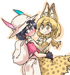 Rule 34 | 10s, 2girls, animal ears, backpack, bag, black eyes, black gloves, black hair, blush, bucket hat, commentary request, gloves, hair between eyes, hands on another&#039;s hips, hat, hat feather, kaban (kemono friends), kemono friends, looking away, multiple girls, red shirt, seki (red shine), serval (kemono friends), serval print, serval tail, shirt, short hair, shorts, smile, tail, wavy hair, yuri