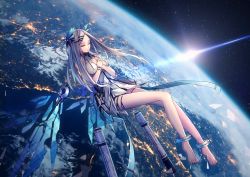 Rule 34 | 1girl, earth (planet), closed eyes, grey hair, highres, long legs, mecha, mechanical parts, original, own hands clasped, own hands together, pale skin, planet, robot, satellite, satellite dish, sky, space, star (sky), starry sky, sugi 214, white hair
