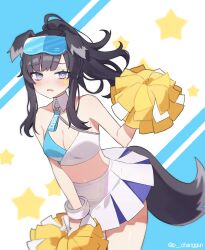 Rule 34 | 1girl, absurdres, ahoge, animal ears, artist name, bare shoulders, black ears, black hair, black tail, blue archive, blush, breasts, cheerleader, cleavage, collar, commentary request, cowboy shot, crop top, detached collar, dog ears, dog girl, dog tail, embarrassed, eyewear on head, furrowed brow, hibiki (blue archive), hibiki (cheer squad) (blue archive), highres, holding, holding pom poms, long hair, midriff, multicolored background, name tag, no halo, official alternate costume, open mouth, p changgun, pleated skirt, pom pom (cheerleading), pom poms, ponytail, purple eyes, sidelocks, skirt, solo, star (symbol), star sticker, sticker on face, tail, white collar, white skirt