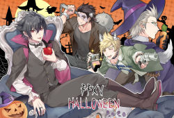 Rule 34 | 4boys, animal ears, apple, bat (animal), black hair, blonde hair, bow, bowtie, brown hair, cape, carrot, collar, fangs, final fantasy, final fantasy xv, flail, food, frankenstein&#039;s monster, fruit, full moon, gladiolus amicitia, glasses, gloves, green eyes, gun, halloween, hat, ignis scientia, jack-o&#039;-lantern, mace, male focus, mintgreen0913, moon, morning star, multiple boys, noctis lucis caelum, prompto argentum, red eyes, skull, spiked mace, spikes, stitches, tail, tongue, tongue out, vampire, vest, waistcoat, weapon, witch hat, wolf ears, wolf tail