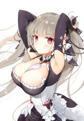 Rule 34 | 1girl, armpits, arms behind head, arms up, azur lane, black dress, blush, bow, breasts, cleavage, closed mouth, collarbone, commentary request, detached collar, detached sleeves, dress, floating hair, formidable (azur lane), frilled dress, frills, grey hair, hair bow, highres, jehyun, large breasts, long hair, long sleeves, looking at viewer, pink eyes, simple background, solo, taut clothes, taut dress, twintails, tying hair, upper body, very long hair, white background