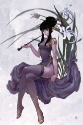 Rule 34 | 1girl, black eyes, black hair, bug, butterfly, china dress, chinese clothes, crossed legs, dress, flats, flower, highres, holding, holding smoking pipe, insect, kiseru, lace, lace-trimmed legwear, lace trim, legs, long legs, pointy ears, side slit, sitting, smoking pipe, solo, tattoo, thighhighs, thighs