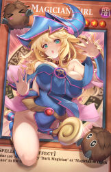 Rule 34 | &gt; &lt;, 1girl, :o, areola slip, bare shoulders, between legs, blonde hair, blue dress, blush, breast press, breasts, card, character name, commentary request, dark magician girl, dress, duel monster, english text, gainoob, green eyes, hat, highres, jewelry, kuriboh, large breasts, long hair, neck ring, off-shoulder dress, off shoulder, open mouth, pentagram, signature, staff, thighs, wizard hat, yu-gi-oh!, yu-gi-oh! duel monsters