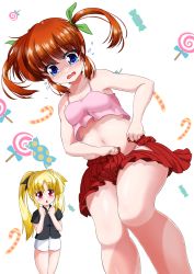 Rule 34 | 2girls, belly, blonde hair, blue eyes, blush, breasts, brown hair, fate testarossa, hair ribbon, highres, long hair, looking at another, lyrical nanoha, mahou shoujo lyrical nanoha, mahou shoujo lyrical nanoha a&#039;s, miniskirt, misril, multiple girls, navel, open mouth, panties, pink panties, plump, red eyes, red skirt, ribbon, short hair, simple background, skirt, small breasts, takamachi nanoha, tears, thighs, twintails, underwear, white background