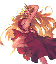 Rule 34 | 1girl, arm up, armpits, blonde hair, breasts, commentary request, dancing, dress, female focus, horns, hoshiguma yuugi, large breasts, long hair, melon22, muscular, muscular female, no bra, oni, open mouth, red dress, red eyes, sideboob, single horn, solo, standing, standing on one leg, touhou, very long hair
