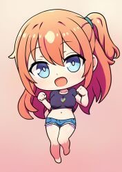 Rule 34 | 1girl, barefoot, black shirt, blue eyes, breasts, bright pupils, chibi, chibi only, cropped shirt, denim, denim shorts, full body, gradient background, heart, highres, jumping, large breasts, long hair, midriff, navel, one side up, open mouth, orange hair, original, pink background, rainbow gradient, shirt, shorts, sksource, solo, t-shirt, w arms, white pupils