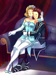 Rule 34 | 00s, 1boy, 1girl, ahoge, alternate costume, armpits, asch (tales), bad id, bad pixiv id, bare shoulders, blonde hair, blue hairband, boots, chair, choker, closed eyes, couple, curtains, flower, formal, full body, gloves, hair flower, hair ornament, hairband, hand on another&#039;s head, hetero, highres, hug, hug from behind, long hair, natalia luzu kimlasca lanvaldear, official alternate costume, pants, pantyhose, red hair, short hair, sidelocks, skirt, tales of (series), tales of the abyss, undead redstar, white gloves, white pantyhose