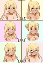 Rule 34 | 1girl, :c, ;), alternate hairstyle, bad id, bad pixiv id, bespectacled, blend s, blonde hair, blue eyes, blush, braid, breasts, cleavage, closed mouth, collarbone, commentary request, double bun, expression chart, glasses, hair between eyes, hair bun, high ponytail, hinata kaho, large breasts, long hair, looking at viewer, low twintails, multiple views, nude, one eye closed, parted lips, ponytail, profile, purple-framed eyewear, sidelocks, smile, tan, tanline, tasora, twin braids, twintails, twitter username, v-shaped eyebrows, variations