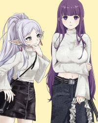 2girls alternate_costume black_skirt denim earrings elf fern_(sousou_no_frieren) frieren green_eyes grey_hair highres jeans jewelry looking_at_breasts multiple_girls navel omichi_1219 pants pointy_ears purple_eyes purple_hair simple_background skirt sousou_no_frieren sweater turtleneck turtleneck_sweater white_sweater yellow_background