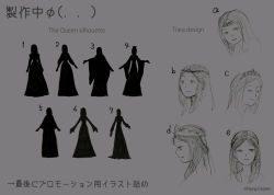 Rule 34 | character sheet, dress, english text, closed eyes, grey theme, long hair, monaka (siromona), monochrome, outstretched arm, outstretched arms, silhouette, sketch, smile, standing, the girl and the robot, the queen (gnr), tiara, translation request, wide sleeves