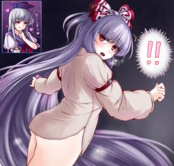 Rule 34 | !, !!, 2girls, :q, ^^^, ass, bottomless, bow, breath, brown eyes, commentary request, dutch angle, fujiwara no mokou, grey hair, hair bow, half-closed eyes, hands up, hat, holding, kamishirasawa keine, light purple hair, long hair, long sleeves, looking back, multiple girls, open mouth, puffy short sleeves, puffy sleeves, red eyes, riria (liry a flower), shirt, short sleeves, smile, solo focus, tongue, tongue out, touhou, very long hair