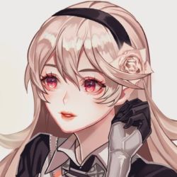 Rule 34 | 1girl, aramu, collared shirt, corrin (female) (fire emblem), corrin (fire emblem), fire emblem, fire emblem fates, fire emblem heroes, flower, hair flower, hair ornament, hairband, hand up, looking at viewer, lowres, nintendo, open mouth, pointy ears, red eyes, shirt, smile, solo, upper body, white hair