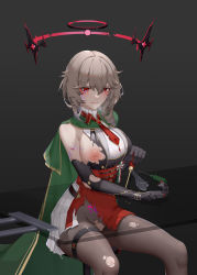 Rule 34 | 1girl, absurdres, azur lane, black background, black gloves, black pantyhose, blonde hair, blood, blood on arm, blood on face, blush, breasts, cape, chinese commentary, cuts, dress, drill hair, drill sidelocks, duca degli abruzzi (azur lane), elbow gloves, feet out of frame, gloves, green cape, halo, highres, holding, holding screwdriver, injury, italian flag, large breasts, looking down, medium hair, necktie, nipples, open mouth, pantyhose, parted lips, prosthesis, prosthetic arm, pubic tattoo, pussy, red eyes, red halo, red necktie, red skirt, screwdriver, sideboob, sidelocks, sitting, skirt, solo, steam from mouth, tattoo, torn clothes, torn dress, torn pantyhose, torn skirt, wrench, wsfw