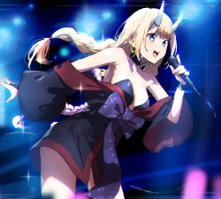 Rule 34 | 1girl, bare shoulders, black gloves, black kimono, blonde hair, blue eyes, blunt bangs, blurry, blurry background, blush, braid, breasts, cleavage, collar, collarbone, fake horns, fingerless gloves, gloves, highres, holding, holding microphone, horns, japanese clothes, kimono, leaning forward, long hair, long sleeves, looking ahead, medium breasts, microphone, music, obi, off shoulder, oni horns, open mouth, paripi koumei, sash, sidelocks, singing, smile, solo, standing, tsukimi eiko, twin braids, very long hair, wide sleeves, wrist cuffs, xkirara39x