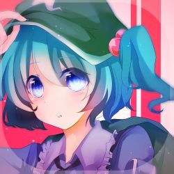 Rule 34 | 1girl, backpack, bad id, bad pixiv id, bag, blue eyes, blue hair, blush, blush stickers, cabbie hat, collar, dress, frilled collar, frilled shirt collar, frills, hair bobbles, hair ornament, hand on own head, hat, highres, holding, holding hat, kawashiro nitori, koyuri chii, long sleeves, looking at viewer, matching hair/eyes, ribbon, shirt, short hair, short twintails, solo, touhou, twintails, two side up, upper body