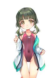 Rule 34 | 1girl, absurdres, bob cut, brown eyes, collarbone, competition swimsuit, covered navel, cowboy shot, gluteal fold, green hair, highres, jacket, kantai collection, long sleeves, one-piece swimsuit, purple one-piece swimsuit, short hair with long locks, simple background, sleeves past wrists, solo, swimsuit, takanami (kancolle), thigh gap, white background, yashin (yasinz)