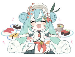 Rule 34 | 1girl, :d, aburi iwashi, aqua hair, aqua skirt, aqua sleeves, bow, chawanmushi (food), chibi, closed eyes, commentary, cropped legs, cup, double bun, egg (food), facing viewer, fish (food), food, food-themed hair ornament, frilled shirt, frills, green ribbon, hair bun, hair ornament, hair ribbon, hairclip, hands up, hatsune miku, ikura (food), layered skirt, long hair, makizushi, multicolored hair, mushroom, necktie, nigirizushi, notice lines, omelet, open mouth, outstretched arms, pink bow, pink necktie, pink ribbon, plate, polka dot sleeves, ribbon, salmon, scallop, shiitake, shirt, short necktie, short sleeves, shrimp, skirt, smile, solo, straight-on, streaked hair, striped necktie, sushi, tamagoyaki, tuna, twintails, v-shaped eyebrows, very long hair, vocaloid, wavy hair, white background, white hair, white headwear, white ribbon, white shirt, yuki miku, yuki miku (2024) (candidate no.6)