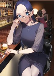 Rule 34 | 3girls, 92m, absurdres, alcohol, bar (place), blue dress, blue eyes, blue hair, blue nails, bottle, closed mouth, commentary, cup, dateko (92m), dress, drinking glass, earrings, forehead, ganbare douki-chan, glasses, highres, indoors, jewelry, long hair, looking at viewer, miru tights, multiple girls, nail polish, necklace, okuzumi yuiko, original, senpai-san (douki-chan), sitting, solo focus, watch