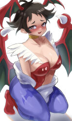 Rule 34 | absurdres, black hair, blush, breasts, capcom, cleavage, corruption, cosplay, crossover, dark persona, heart, heart-shaped pupils, highres, kneeling, large breasts, leotard, lilith aensland, lilith aensland (cosplay), makoto (street fighter), pantyhose, possessed, possession, sato one1, short hair, street fighter, symbol-shaped pupils, thighs, tomboy, vampire (game)