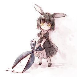 Rule 34 | 1girl, :3, animal ears, black bow, black dress, black hair, blood, bow, center frills, chibi, closed mouth, dress, frilled sleeves, frills, full body, holding, holding scissors, looking at viewer, lowres, mary janes, original, oversized object, puffy short sleeves, puffy sleeves, rabbit ears, rakuni, scissors, shoes, short hair, short sleeves, simple background, solo, standing, tiptoes, white background, yellow eyes