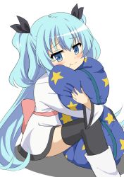 Rule 34 | 10s, 1girl, bassa, black bow, black thighhighs, blue eyes, blue hair, blush, bow, hair bow, highres, long hair, long sleeves, looking at viewer, noel (sora no method), hugging object, pillow, pillow hug, pink bow, pouty lips, solo, sora no method, star-shaped pillow, thighhighs, twintails