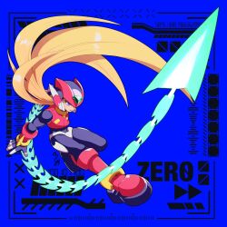 Rule 34 | 1boy, armor, attack, blonde hair, blue background, boots, chain, character name, energy blade, forehead jewel, full body, highres, long hair, mega man (series), mega man zero (series), mega man zero 2, no-rishio, red armor, red footwear, red helmet, solo, zero(z) (mega man), zero (mega man)