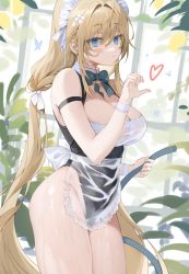Rule 34 | 1girl, absurdres, apron, arm strap, bare shoulders, black one-piece swimsuit, blonde hair, blue eyes, bow, bowtie, breasts, cleavage, commission, cowboy shot, detached collar, heart, highleg, highleg swimsuit, highres, holding, hose, large breasts, long hair, looking at viewer, low twintails, maid apron, maid headdress, mole, mole under eye, one-piece swimsuit, original, parted lips, second-party source, see-through, soitsu (alb), solo, standing, swimsuit, thighs, timy, twintails, very long hair, waist apron, wet, wristband