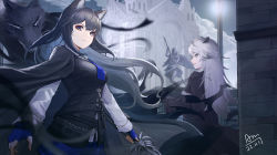 Rule 34 | 2girls, absurdres, animal ear fluff, animal ears, aqua eyes, arknights, belt, black cape, black coat, black hair, black vest, blue gloves, blue necktie, blue shorts, breasts, brown eyes, building, cape, chiyo akira, coat, cowboy shot, dared, fingerless gloves, gloves, grey hair, grin, highres, holding, holding sword, holding weapon, lamppost, lappland (arknights), lappland (refined horrormare) (arknights), large breasts, long hair, long sleeves, looking at viewer, multiple girls, necktie, official alternate costume, outdoors, parted lips, sharp teeth, shirt, shorts, signature, smile, sword, teeth, texas (arknights), texas the omertosa (arknights), v-shaped eyebrows, very long hair, vest, weapon, white shirt, wolf, wolf ears