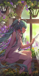 Rule 34 | 1girl, bad id, bad pixiv id, blurry, blurry background, blush, bow, curtain grab, curtains, depth of field, dress, flower, green eyes, green hair, hair bow, hatsune miku, holding, indoors, lantern, long hair, parted lips, purple flower, sitting, sleeveless, sleeveless dress, solo, timmy (tztime), transparent, twintails, very long hair, vocaloid, white bow, white dress, window, yellow flower