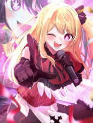 Rule 34 | 2girls, ;d, black gloves, blonde hair, blush, emphasis lines, gloves, highres, holding, holding microphone, hoshino ai (oshi no ko), hoshino ruby, idol clothes, index finger raised, kaname 24, long hair, looking at viewer, microphone, multiple girls, one eye closed, one side up, open mouth, oshi no ko, pink eyes, pointing, pointing at viewer, purple eyes, purple hair, red eyes, smile, solo focus, star (symbol), star in eye, symbol in eye, teeth, twitter username, upper body, upper teeth only