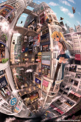 Rule 34 | 1girl, :d, black thighhighs, blonde hair, blue eyes, broom, broom riding, building, cloud, day, fisheye, from above, jetpack, john hathway, long hair, looking at viewer, looking back, open mouth, original, scenery, skirt, sky, smile, solo focus, thighhighs, twintails