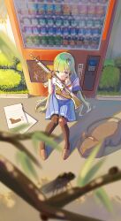 Rule 34 | 1girl, absurdres, assault rifle, black gloves, black pantyhose, blue eyes, blue skirt, blurry, blurry foreground, branch, brown footwear, bush, cat, chinese commentary, closed mouth, commentary, earpiece, frog hair ornament, full body, gloves, grey hair, gun, hair ornament, heituyongzhe, highres, holding, holding gun, holding weapon, knee guards, kochiya sanae, long hair, looking at viewer, microphone, moriya suwako, pantyhose, paper, partially fingerless gloves, pleated skirt, rifle, sailor collar, school uniform, shirt, shoes, short sleeves, sidelighting, sitting, skirt, smile, solo, touhou, vending machine, very long hair, weapon, white shirt