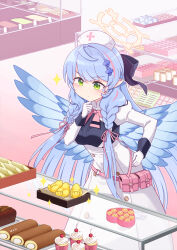 Rule 34 | 1girl, black shirt, blue archive, blue wings, braid, breasts, cake, closed mouth, commentary request, cupcake, dress, feathered wings, food, gloves, green eyes, halo, hand on own hip, hand up, harada (sansei rain), hat, highres, juliet sleeves, long hair, long sleeves, medium breasts, mine (blue archive), multicolored hair, nurse cap, pink hair, puffy sleeves, shirt, solo, sparkle, streaked hair, swiss roll, twin braids, v-shaped eyebrows, very long hair, white dress, white gloves, white hat, wings