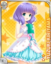 Rule 34 | 1girl, :d, bare shoulders, blunt bangs, card (medium), character name, dress, evening gown, girlfriend (kari), gloves, green eyes, kiriyama yuzuki, looking at viewer, official art, open mouth, purple hair, qp:flapper, smile, solo, tagme, white dress, yellow background