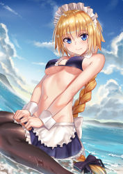 Rule 34 | 1girl, absurdres, apron, bare arms, bare shoulders, bikini, bikini top only, blonde hair, blue bikini, blue bow, blue eyes, blue skirt, blue sky, bow, braid, breasts, brown pantyhose, closed mouth, cloud, cloudy sky, commentary request, day, detached collar, fate/grand order, fate (series), fisheye, frilled skirt, frills, hair bow, highres, jeanne d&#039;arc (fate), jeanne d&#039;arc (ruler) (fate), long hair, looking at viewer, maid, maid apron, maid bikini, maid headdress, medium breasts, miniskirt, navel, outdoors, pantyhose, single braid, sitting, skirt, sky, smile, solo, stomach, swimsuit, unconventional maid, user yjmv4437, very long hair, waist apron, wariza, water, wet, wrist cuffs