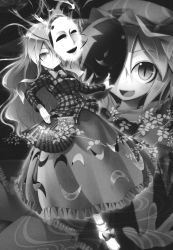Rule 34 | :d, aozora market, bow, bowtie, buttons, flandre scarlet, full body, greyscale, hat, hata no kokoro, highres, long hair, long skirt, long sleeves, looking at viewer, mask, mask on head, mob cap, monochrome, non-web source, open mouth, plaid, plaid shirt, shirt, skirt, slit pupils, smile, standing, touhou