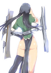 Rule 34 | 10s, 1girl, armadillo-tokage, ass, bad id, bad pixiv id, black hair, black skirt, black thighhighs, chikuma (kancolle), contrapposto, elbow gloves, from behind, gloves, hand on own hip, highres, kantai collection, long hair, long skirt, no panties, pelvic curtain, side slit, simple background, single elbow glove, single glove, single thighhigh, skirt, solo, standing, thighhighs, turret