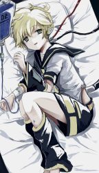 Rule 34 | 1boy, android, arm warmers, bass clef, bed, black collar, black shorts, blonde hair, cable, collar, commentary, from above, full body, green eyes, headphones, highres, intravenous drip, kagamine len, leg warmers, looking at viewer, looking to the side, lying, male focus, necktie, on side, pillow, sailor collar, school uniform, shirt, short ponytail, short sleeves, shorts, sketch, solo, spiked hair, tears, umijiroo, vocaloid, white shirt, yellow necktie