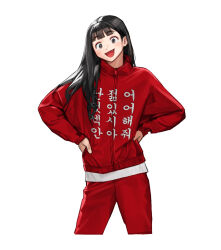 Rule 34 | 1girl, black eyes, black hair, blunt bangs, blush, cowboy shot, fang, hands on own hips, highres, jacket, korean text, long hair, long sleeves, open mouth, original, pants, print jacket, red jacket, red pants, rinotuna, simple background, smile, solo, translation request, white background