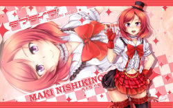 Rule 34 | 10s, 1girl, black thighhighs, bokura wa ima no naka de, bow, checkered background, fingerless gloves, gloves, hand on own hip, hat, highres, looking at viewer, love live!, love live! school idol project, mini hat, mini top hat, nishikino maki, purple eyes, red hair, short hair, skirt, smile, solo, sparkle, thighhighs, top hat, windart