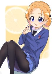 Rule 34 | 1girl, black bow, black necktie, black pantyhose, blue eyes, blue skirt, blue sweater, bow, braid, commentary, dress shirt, emblem, fingers together, food, fruit, girls und panzer, hair bow, long sleeves, looking at viewer, miniskirt, necktie, open mouth, orange (fruit), orange background, orange hair, orange pekoe (girls und panzer), orange slice, pantyhose, parted bangs, pleated skirt, school uniform, shirt, short hair, sitting, skirt, smile, solo, st. gloriana&#039;s (emblem), st. gloriana&#039;s school uniform, sweater, toon (noin), twin braids, v-neck, white shirt, wing collar