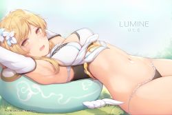 Rule 34 | 1girl, armpits, black panties, blonde hair, blush, breasts, character name, commentary, detached sleeves, dress, english commentary, flower, genshin impact, gradient background, grey background, hair flower, hair ornament, highres, kimoshi, long hair, looking at viewer, lumine (genshin impact), lying, medium breasts, navel, on back, open mouth, panties, pillow, solo, stomach, teeth, underwear, upper teeth only, watermark, web address, yellow eyes
