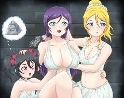 Rule 34 | 3girls, ancient greek clothes, aphrodite (shuumatsu no valkyrie), aphrodite (shuumatsu no valkyrie) (cosplay), artist name, ayase eli, black hair, blonde hair, blue eyes, blush, breast envy, breast hold, breasts, cleavage, collarbone, cosplay, greco-roman clothes, hand on another&#039;s head, hand on another&#039;s hip, highres, huge breasts, jeantfydraw, large breasts, legs, long hair, looking at breasts, love live!, love live! school idol project, meme, multiple girls, one eye closed, open mouth, parody, purple hair, red eyes, servants holding aphrodite&#039;s breasts (meme), shuumatsu no valkyrie, sitting, small breasts, stomach, tojo nozomi, twintails, yazawa nico